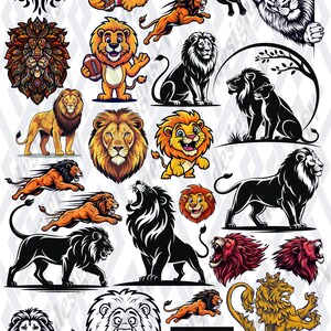 May include: A selection of lion illustrations in diverse styles. The images feature cartoon lions, detailed portraits, and silhouettes. Colours vary from gold and orange to black and white, ideal for design projects.