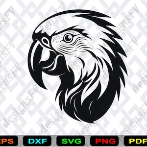 Könnte beinhalten: Schwarz-weiße Grafik eines Papageienkopfes im Profil. Der Schnabel, das Auge und die Federn sind detailliert dargestellt. Das Design ist sauber und modern, geeignet für verschiedene Anwendungen. Dateityp-Symbole befinden sich unten.