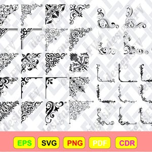 May include: A collection of black corner designs in various ornate styles. The designs include floral, scroll, and geometric patterns, suitable for digital art or design projects. The image also contains the file type abbreviations EPS, SVG, PNG, PDF, and CDR.