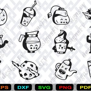 May include: Black and white cartoon illustrations of various food and drink items, including a coffee cup, iced drink, tea bag, coffee mug, donut cat, coffee pot, cupcake, toast, to-go coffee cup, cookie, teapot, and a glass of water. The image includes the text "EPS", "DXF", "SVG", "PNG", and "PDF".