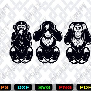 Puede incluir: Ilustración en blanco y negro de tres monos en la pose de "No ver el mal, no oír el mal, no hablar el mal". Los monos están sentados, uno cubriéndose la boca, otro los ojos y otro los oídos. Fondo geométrico.
