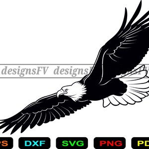 May include: A black and white graphic illustration of a bald eagle in flight with wings spread wide. The eagle has a dark body and wings with a white head and tail. The text designsFV is repeated horizontally across the centre of the image.
