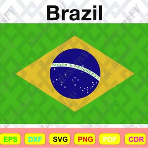 Pode incluir: A bandeira do Brasil, com um fundo verde e um losango amarelo. Dentro do losango h&aacute; um c&iacute;rculo azul com estrelas brancas e as palavras "Ordem e Progresso". A palavra "Brazil" est&aacute; no topo.