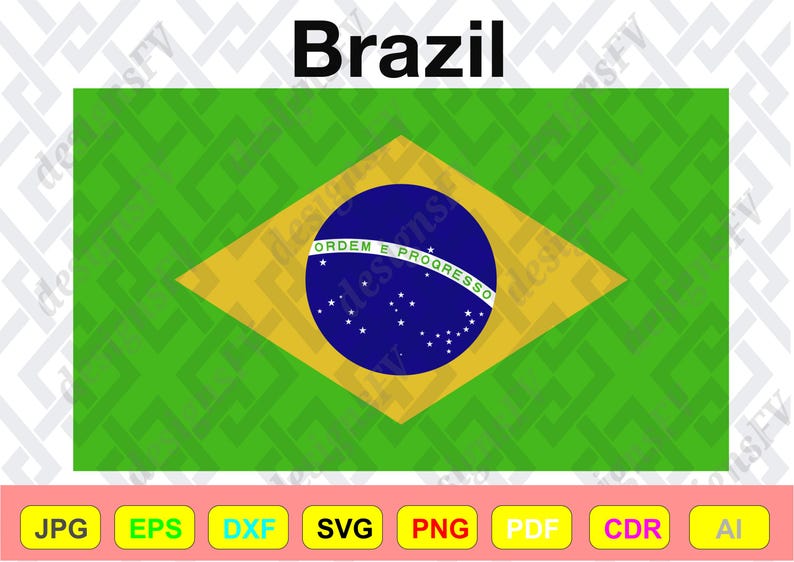Pode incluir: A bandeira do Brasil, com um fundo verde e um losango amarelo. Dentro do losango h&aacute; um c&iacute;rculo azul com estrelas brancas e as palavras "Ordem e Progresso". A palavra "Brazil" est&aacute; no topo.