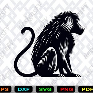 Puede incluir: Ilustración en blanco y negro de un babuino sentado, con la cola enroscada. El babuino está representado de forma detallada y estilizada, con un enfoque en su pelaje y rasgos faciales. La imagen incluye iconos de tipo de archivo.