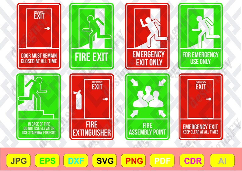 Fire Safety Signs SVG Bundle, Emergency Exit Way Out Digital Clipart ...