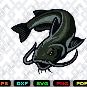 Peut inclure: Illustration stylisée d'un poisson-chat en nuances de gris et de noir, avec des barbillons et des nageoires proéminents. Le poisson est courbé, donnant un aspect dynamique. Icônes de type de fichier: EPS, DXF, SVG, PNG, et PDF.