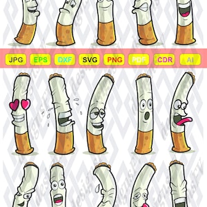 Puede incluir: Ilustraciones de dibujos animados de cigarrillos con diversas expresiones faciales. Los cigarrillos son blancos con filtros marrones y están doblados. La imagen incluye etiquetas de texto para formatos de archivo: JPG, EPS, DXF, SVG, PNG, PDF, CDR y AI.