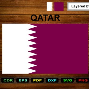 May include: The flag of Qatar, featuring a white band on the hoist side and a maroon field. The white section is separated from the maroon by a serrated edge. The word "QATAR" is displayed above the flag.