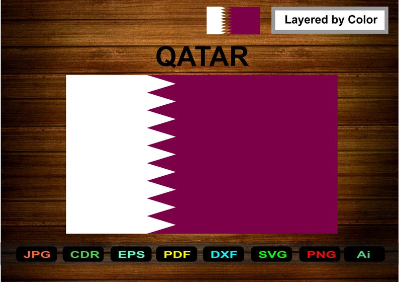 May include: The flag of Qatar, featuring a white band on the hoist side and a maroon field. The white section is separated from the maroon by a serrated edge. The word "QATAR" is displayed above the flag.