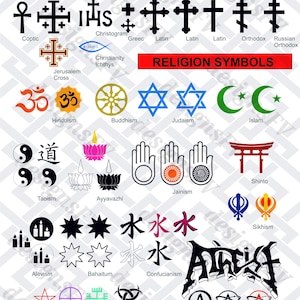 May include: A graphic displaying a variety of religious symbols, such as crosses, the Star of David, the crescent moon, and the Om symbol. The text "RELIGION SYMBOLS" is in red. The image is a collection of diverse religious icons.