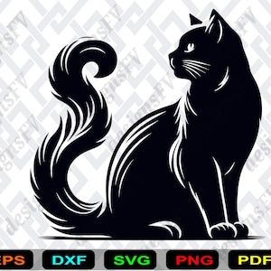 Op de afbeelding: Zwart katten silhouet met een gekrulde staart, zittend en naar links kijkend. De vacht van de kat is gedetailleerd met witte lijnen. De afbeelding bevat bestandstype-pictogrammen: EPS, DXF, SVG, PNG en PDF.