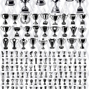 Puede incluir: Una colección de ilustraciones de trofeos en blanco y negro. Los trofeos presentan diseños variados, incluyendo formas de copa clásicas, premios con estrellas y estilos modernos. La imagen muestra una variedad de diseños de premios para diferentes logros.