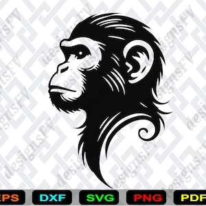 Puede incluir: Ilustración en blanco y negro del perfil de un chimpancé. La imagen muestra la cabeza y el cuello del primate, con rasgos faciales detallados y textura de pelaje. El fondo tiene un patrón repetitivo e iconos de tipo de archivo.