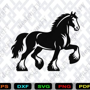 May include: A black and white silhouette of a horse in a walking pose. The horse has a flowing mane and tail, with white markings on its legs and face. This vector graphic is suitable for design purposes.