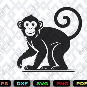 Puede incluir: Ilustración en blanco y negro de un mono de pie. El mono tiene una cara sonriente y una larga cola rizada. La imagen está sobre un fondo estampado e incluye iconos de tipo de archivo.