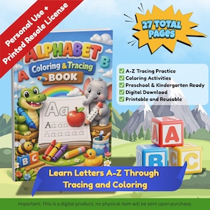 Peut inclure: Un livre de coloriage et de traçage de l'alphabet pour enfants, intitulé "ALPHABET Coloring & Tracing BOOK". La couverture présente des personnages de dessins animés et le texte "Learn Letters A-Z Through Tracing and Coloring". Contient des activités de traçage et de coloriage.