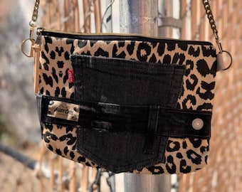 Leopard Print Denim Shoulder Bag, Upcycled Reworked Jean Purse, One of a Kind Tote