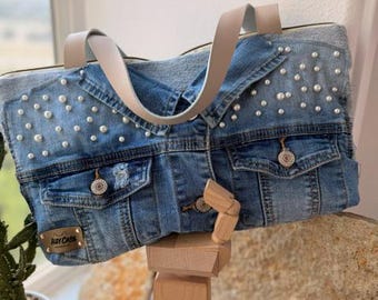 Pearl Denim Jacket Bag | Upcycled Shoulder Purse | iPad Laptop Tote
