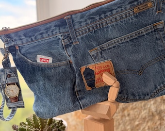 Upcycled Levi's Denim Laptop Sleeve | Handmade Tablet Clutch, Wristlet Bag (14.5" x 9.5")