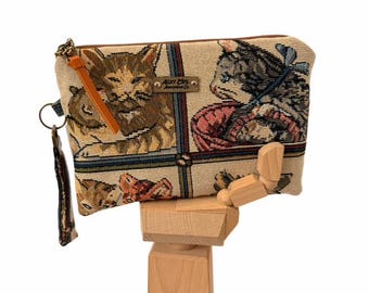 Handmade Cat Tapestry Wristlet Bag | Zipper Clutch Pouch, Travel Organizer
