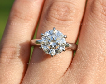 4 Carat Round Lab Grown Diamond Solitaire Engagement Ring, 6 Claw Prong Setting