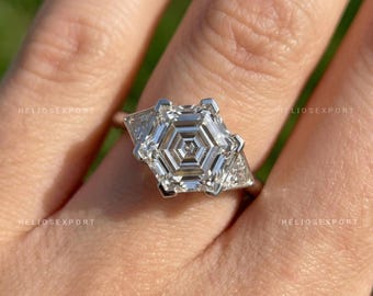 Bague de fiançailles diamant hexagonale laboratoire, pierres latérales triangulaires, alliance tranchante certifiée IGI