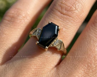 Coffin Cut Black Moissanite Ring Side Bat Design: Gothic Engagement Ring in Solid Gold