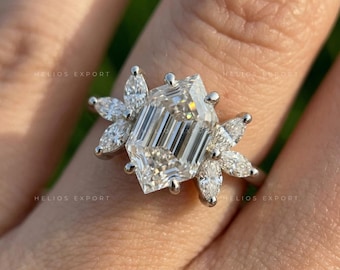 Bague de fiançailles diamant laboratoire hexagonale allongée, accents de marquise, certifié IGI F/VS2