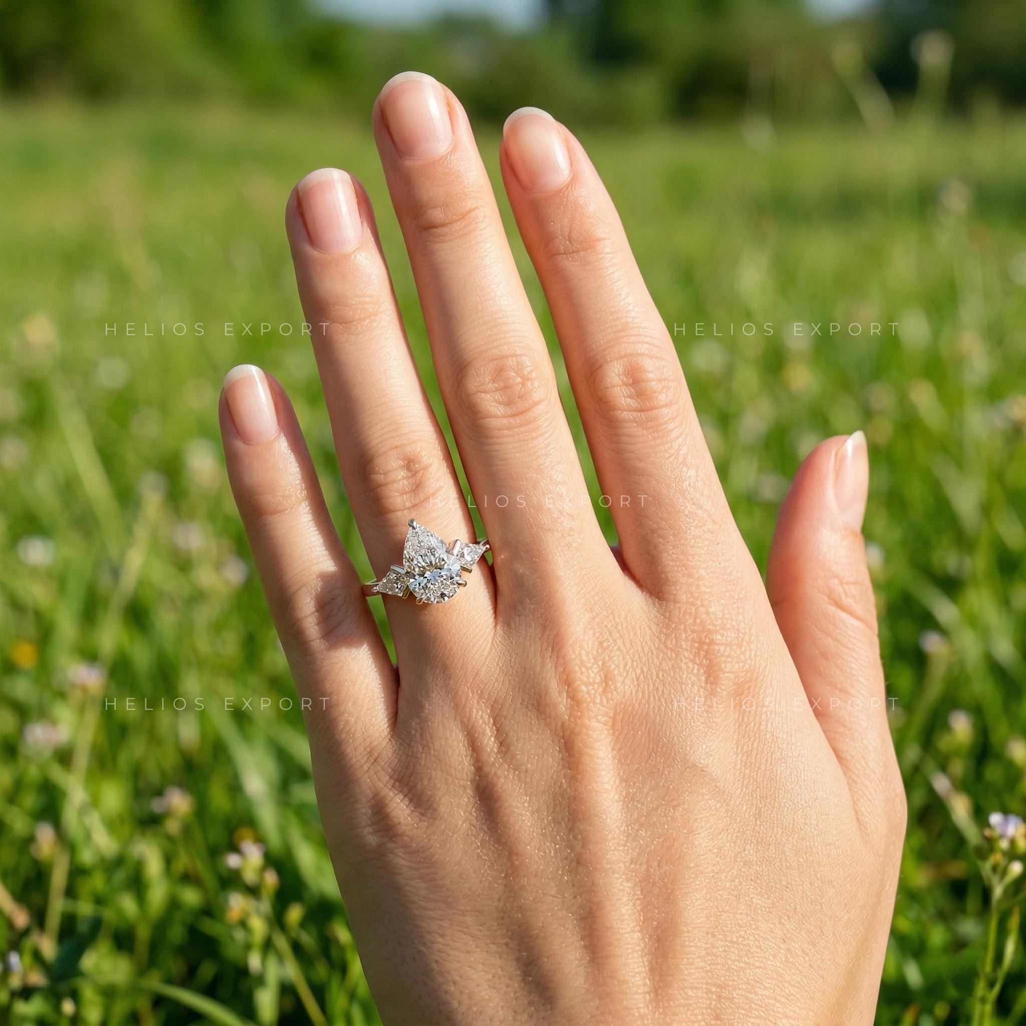 Pear Cut Lab Diamond Engagement Ring, Kite Side Accents, IGI Certified ...