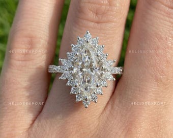 Bague de fiançailles halo de diamants cultivés Marquise Lab, alliance pavée certifiée IGI