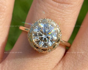 Bague de fiançailles diamant rond de laboratoire, touches de pavé, alliance solitaire, Helios Export