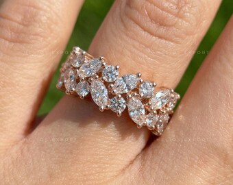 Handmade Marquise Cut Diamond Double Row Wedding Band - Perfect Stacking Bridal Jewelry - Unique Wedding Band for Women