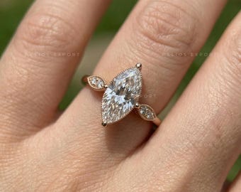 Vintage Inspired Marquise Diamond Ring – Milgrain Detail, Lab Grown (IGI Certified)