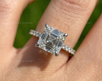Hidden Halo Asscher Cut Engagement Ring, Diagonal Setting, Lab Grown Diamond, Solid Gold