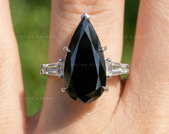7 Carat Black Pear Moissanite Ring: Tapered Baguette, Vintage Engagement