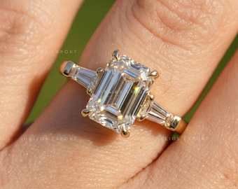 Bague diamant de laboratoire taille émeraude, accents baguette effilée, certification IGI, anniversaire de mariage