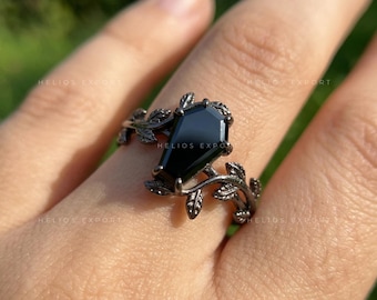 Bague en moissanite noire taille cercueil : bague de fiançailles Art déco feuille gothique