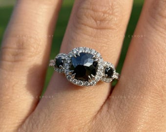 Black Moissanite Three Stone Ring: Gothic Halo Wedding Jewelry