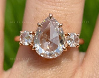 Pear Rose Cut Lab Diamond Engagement Ring, Vintage Three Stone Style Women's Ring
