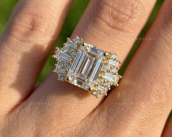 Emerald Cut Lab Grown Diamond Engagement Ring with Side Baguettes, Unique Ring