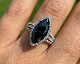 4ct Black Marquise Moissanite Engagement Ring: Vintage Halo, Pave Band