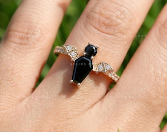 Bat Shaped Ring with Black Coffin & Round Moissanite: Solid Gold Engagement Ring Gothic Style
