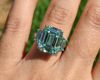Cyan Blue Emerald Cut Moissanite Statement Ring, Trapezoid Accents, Anniversary Gift, Helios Export