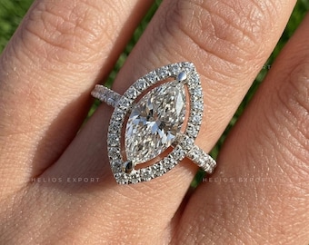 Bague de fiançailles halo de diamants cultivés Marquise Lab, serti griffes boussole, certifiée IGI