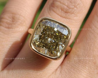 Yellow Gray Cushion Moissanite Engagement Ring, 8.48 CT Solitaire Wedding Band