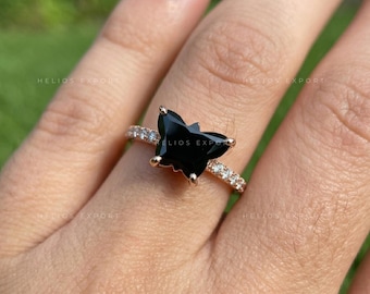 Antique Butterfly Cut Black Moissanite Ring: Gothic Rose Gold Engagement