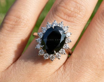 Oval Black Moissanite Ring, Gothic Sunburst Halo, 1.50 CT