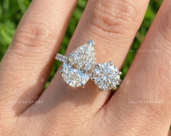 Bague de fiançailles diamant rond et poire Toi et Moi, alliance pavé, Helios Export