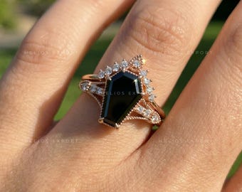 Black Moissanite Engagement Ring Set: Art Deco Coffin Ring, Rose Gold Chevron Band
